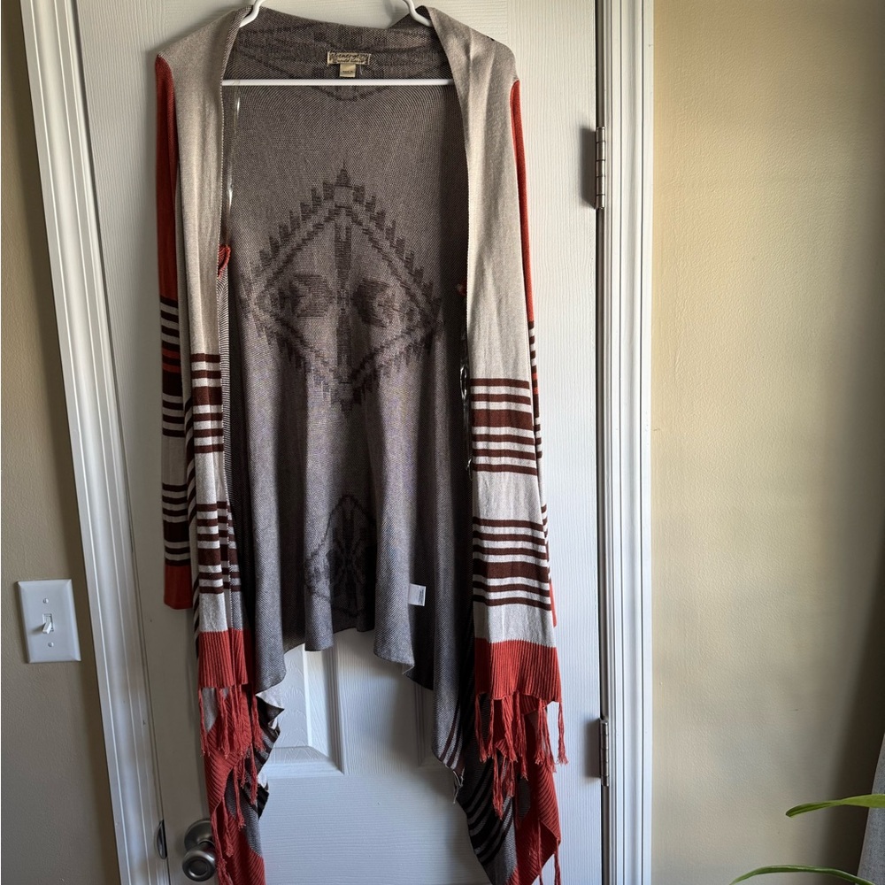 Pendleton Gray and Red Cardigan with Fringe